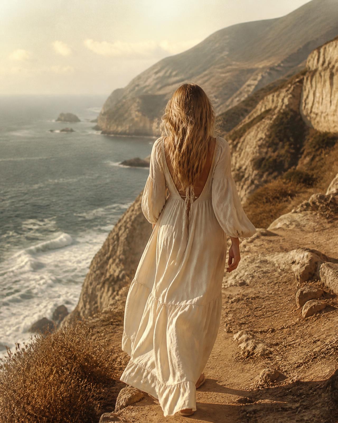 Bella walking a windswept coastal cliff path above the ocean at golden hour