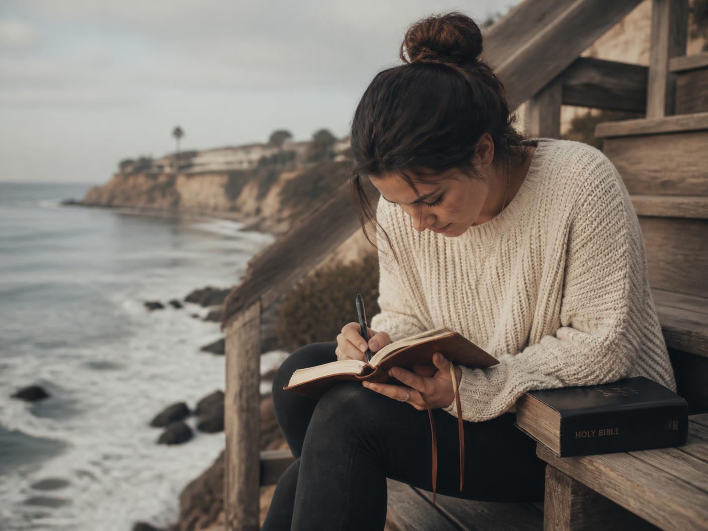 Bella writing in a journal beside her Bible on weathered steps above the sea