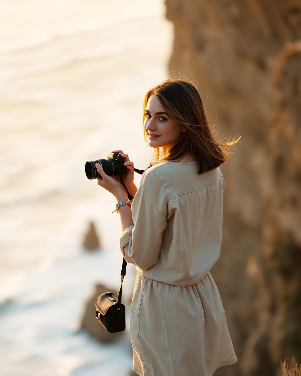 Bella on a coastal cliff with her camera in golden light