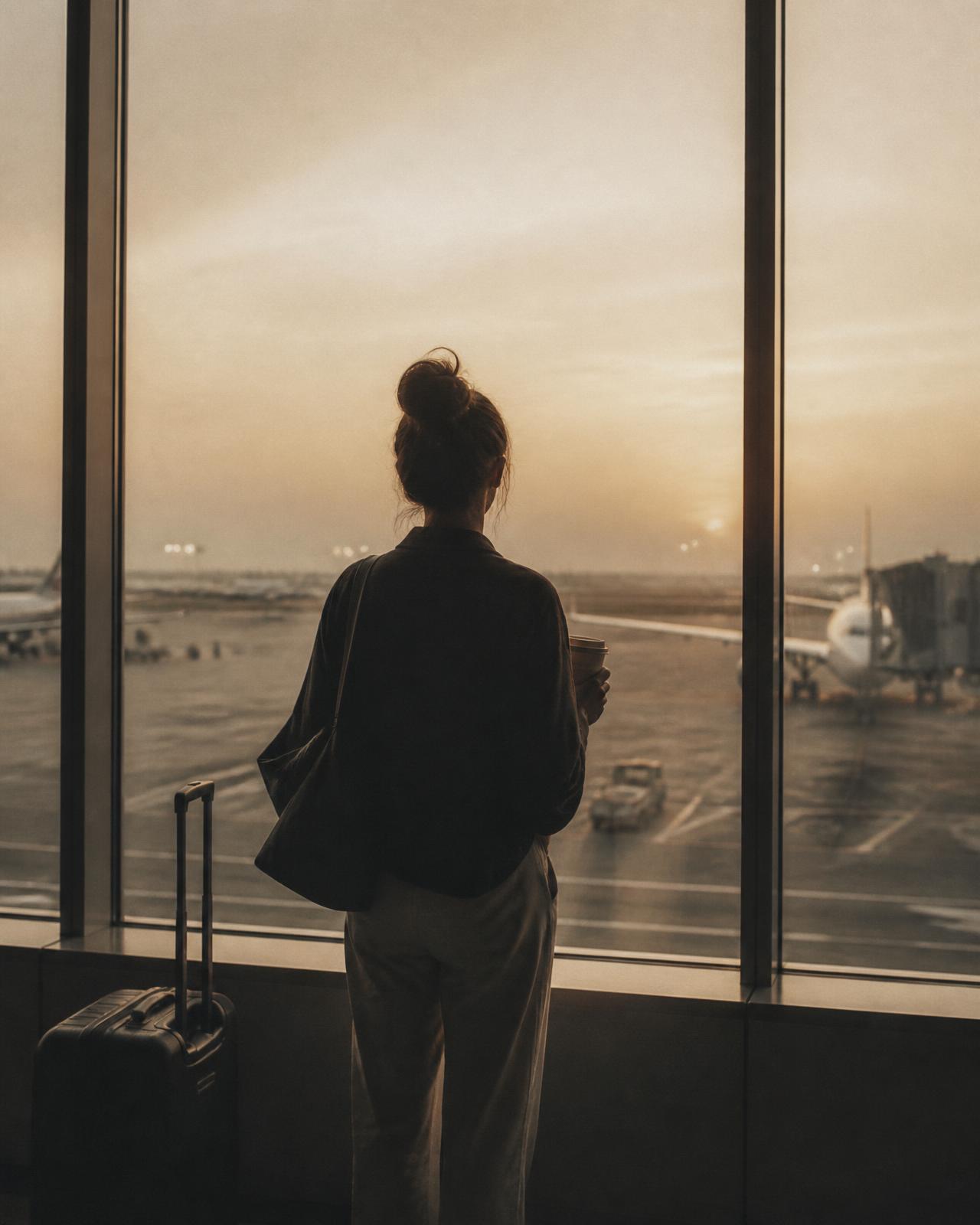 A lone traveller at an airport departure window at dawn