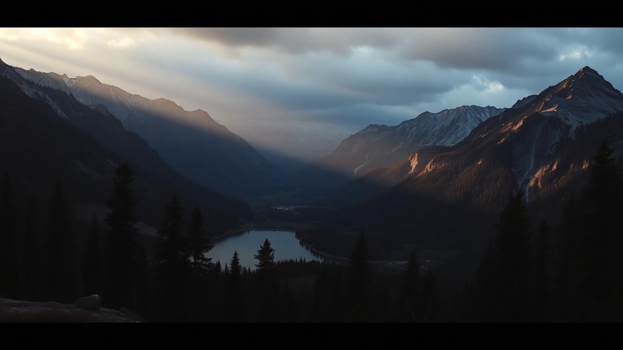 A mountain valley with an alpine lake in dramatic light