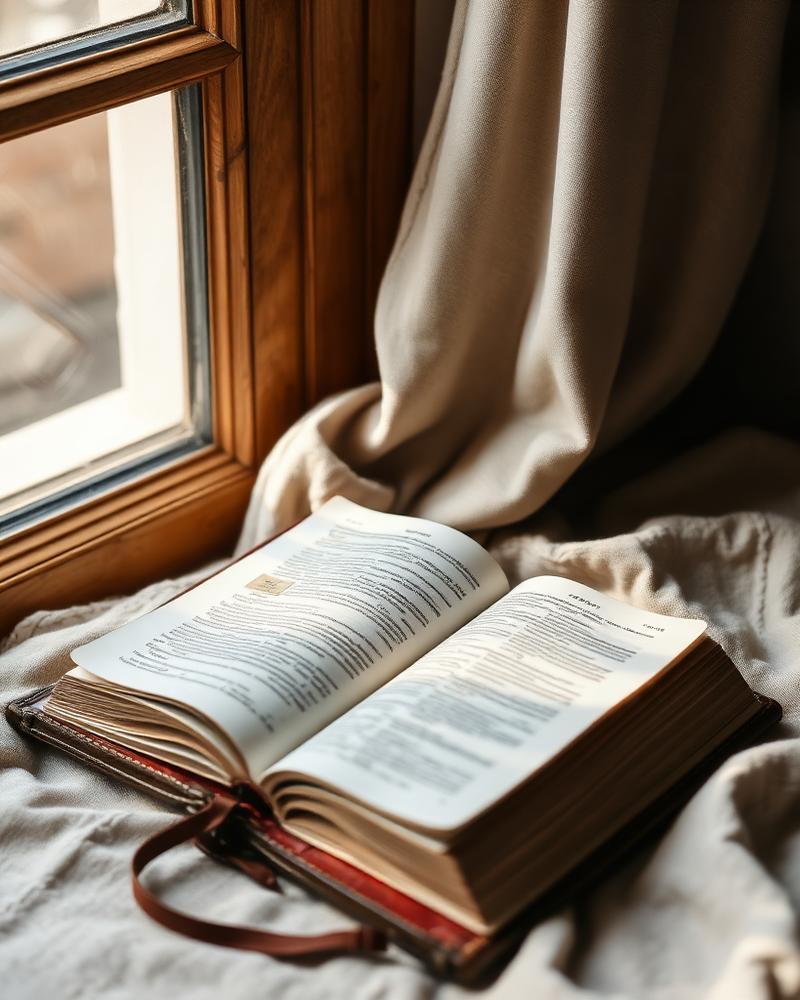 An open Bible resting in warm morning light